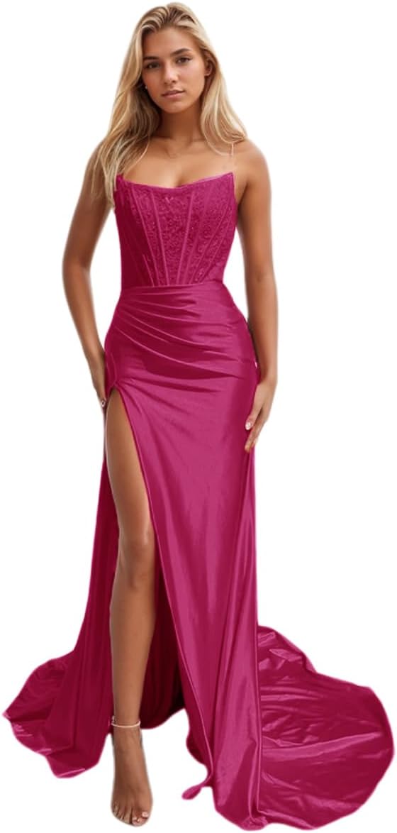 Vestido largo de fiesta de sirena con encaje satinado para mujer, corte sirena, con abertura, sin tirantes, estilo 2025. 