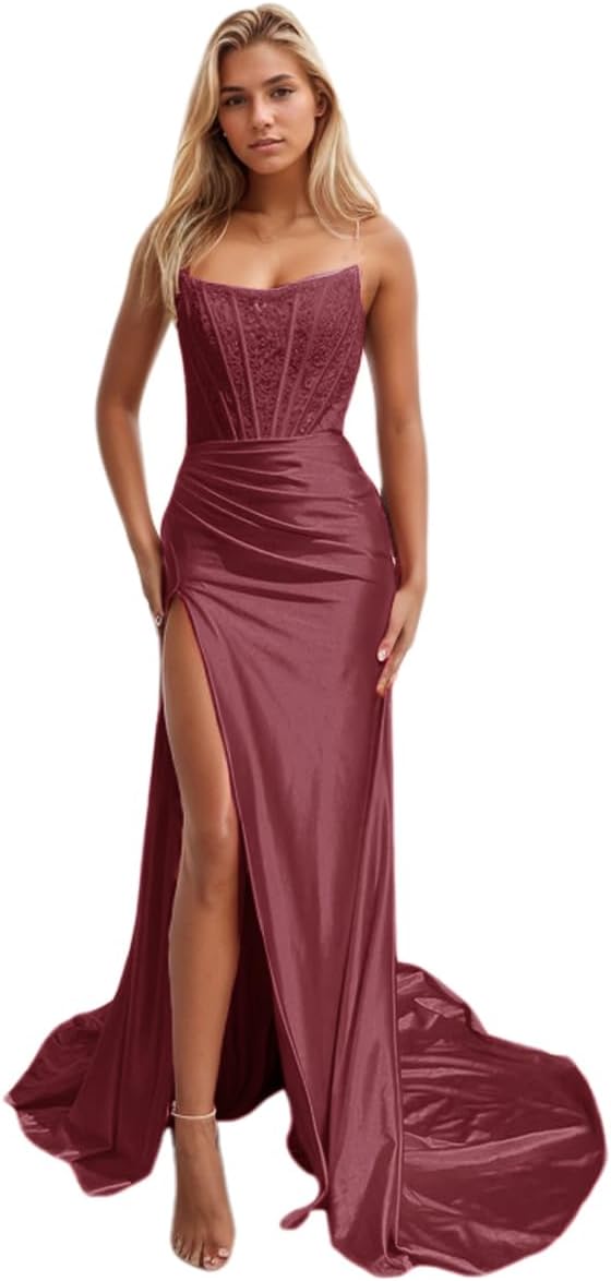 Vestido largo de fiesta de sirena con encaje satinado para mujer, corte sirena, con abertura, sin tirantes, estilo 2025. 