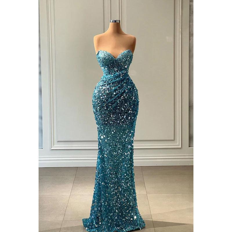 Vestido de fiesta de noche glamuroso con lentejuelas dramáticas, escote en V, sirena, sin mangas y fruncido