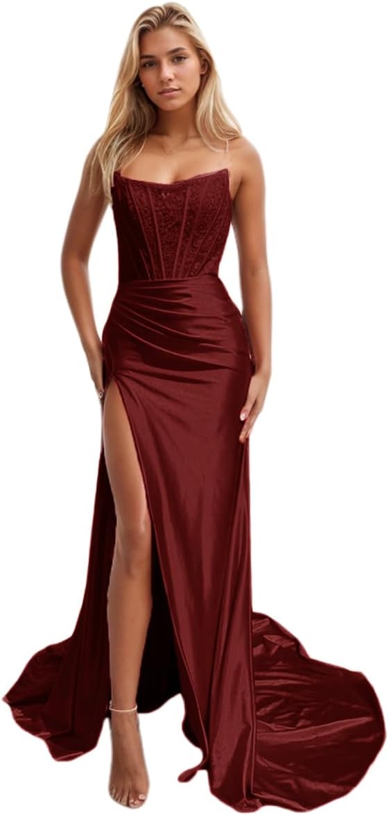 Vestido largo de fiesta de sirena con encaje satinado para mujer, corte sirena, con abertura, sin tirantes, estilo 2025. 