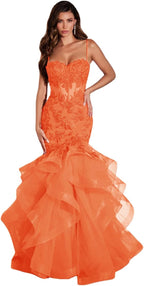 Vestido de fiesta largo de sirena con volantes brillantes, apliques de encaje y tul para mujer. 
