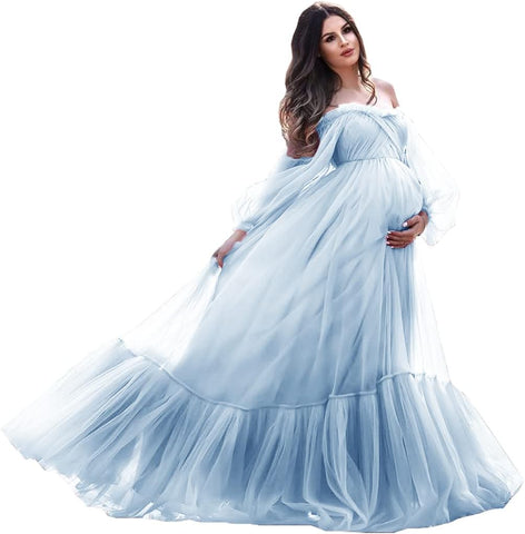 Puffy Sleeve Maternity Dress Tulle Robe for Photoshoot Off Shoulder Pregnancy Baby Shower Gown