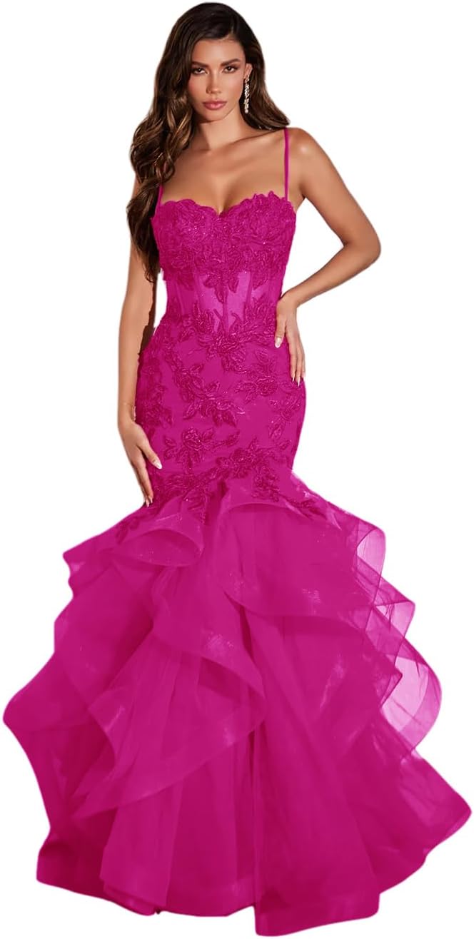 Vestido de fiesta largo de sirena con volantes brillantes, apliques de encaje y tul para mujer. 