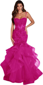Vestido de fiesta largo de sirena con volantes brillantes, apliques de encaje y tul para mujer. 