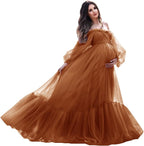 Vestido de maternidad con mangas abullonadas, bata de tul para sesión de fotos, vestido de embarazo con hombros descubiertos para baby shower 