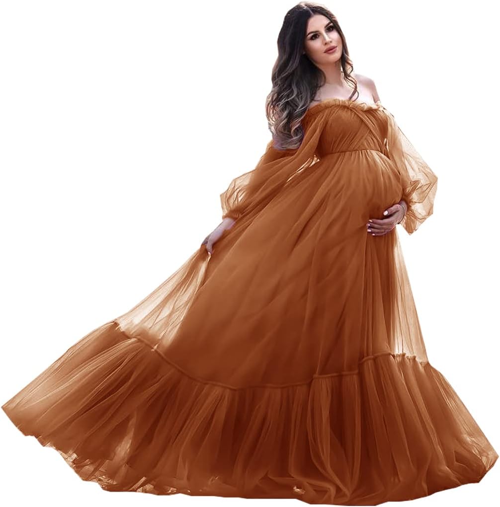 Vestido de maternidad con mangas abullonadas, bata de tul para sesión de fotos, vestido de embarazo con hombros descubiertos para baby shower 