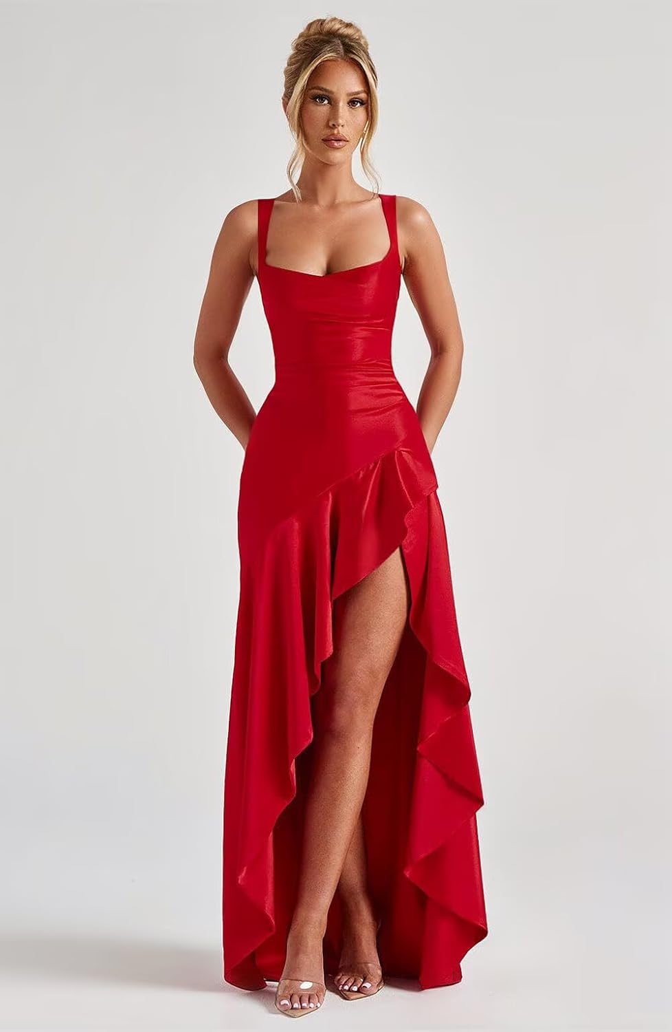Robes de bal à volants en satin pour adolescentes, robes de cocktail asymétriques pour femmes QA204 