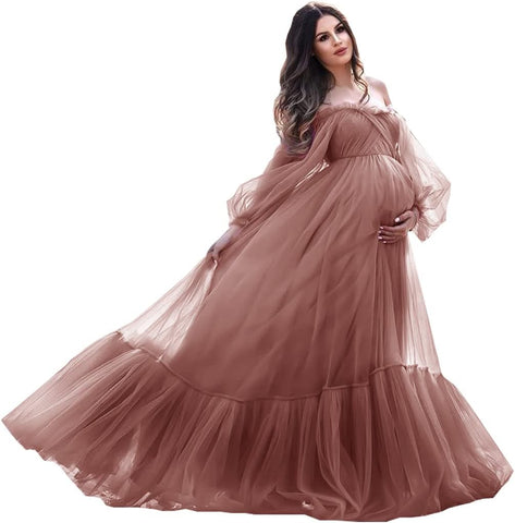 Puffy Sleeve Maternity Dress Tulle Robe for Photoshoot Off Shoulder Pregnancy Baby Shower Gown