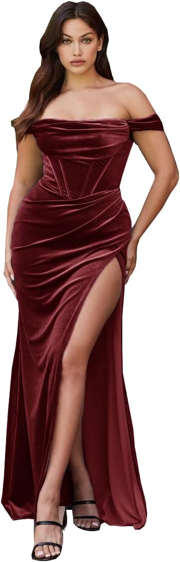Vestido de fiesta largo de sirena con abertura y terciopelo para mujer, estilo botonadura, ideal para damas de honor. También disponible en corte palabra de honor. 