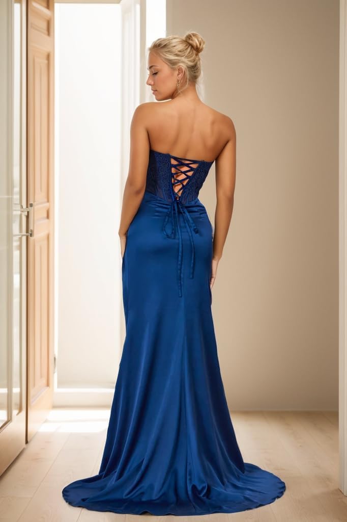 Vestido largo de fiesta de sirena con encaje satinado para mujer, corte sirena, con abertura, sin tirantes, estilo 2025. 