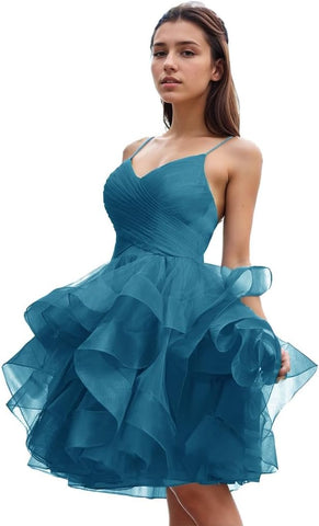 Vestido corto de fiesta con volantes y tutú de tul, escote en V, vestido de gala formal. 