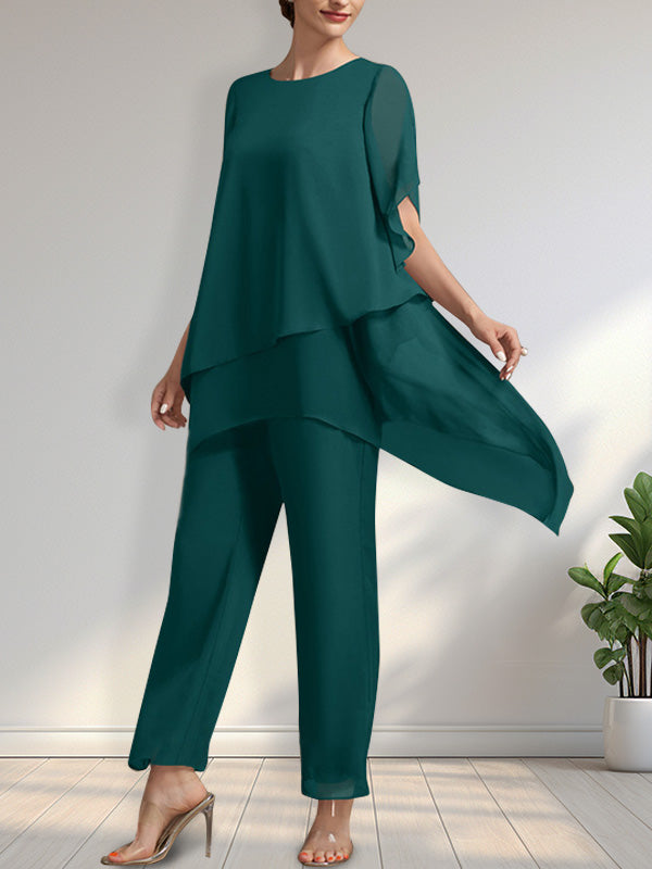 Vestido de gasa de dos piezas para la madre de la novia: mono/traje pantalón con escote redondo y largo hasta el tobillo.