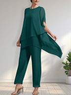 Vestido de gasa de dos piezas para la madre de la novia: mono/traje pantalón con escote redondo y largo hasta el tobillo.