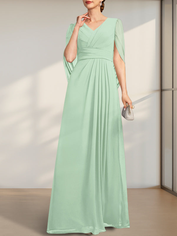 Vestido de gasa de corte A, escote en V y largo hasta el suelo para la madre de la novia, con pliegues