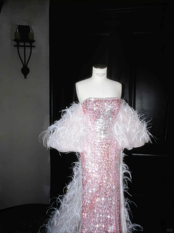 Vestido de noche de sirena con lentejuelas, plumas y escote palabra de honor rosa hada, con abertura, estilo sirena, modelo Y8660