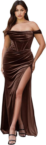 Robe de bal sirène fendue en velours pour femme, robe de demoiselle d'honneur longue à épaules dénudées, robe de soirée bustier 