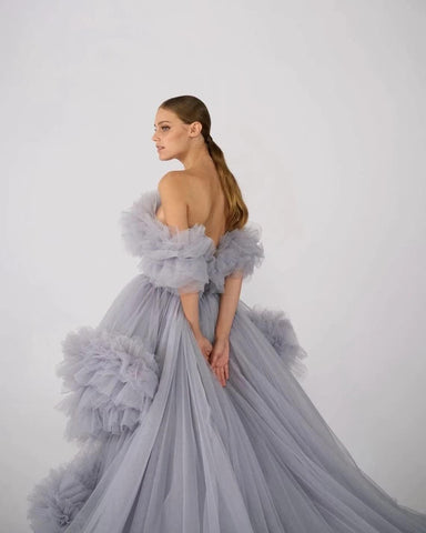 Robe de mariée en tulle à volants pour séance photo de maternité, robe de grossesse transparente à épaules dénudées, robe de bal pour femme enceinte ou baby shower. 