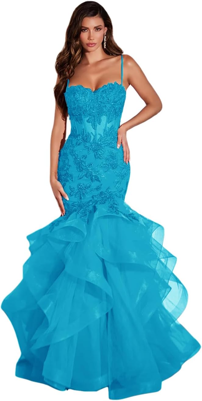 Vestido de fiesta largo de sirena con volantes brillantes, apliques de encaje y tul para mujer. 