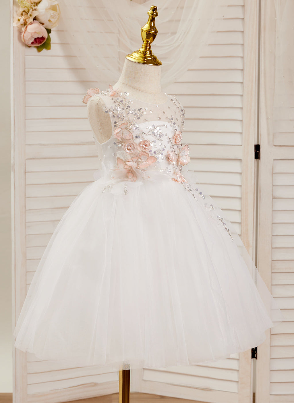 Vestido blanco de tul hasta la rodilla, corte en A (2003227138) 