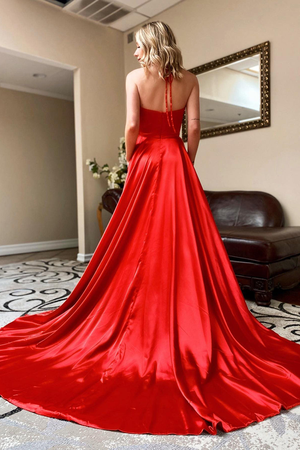 Halter V-Neck A-Line Simple Prom Dress with Pockets