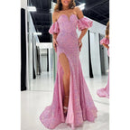 Vestido de noche para fiesta de graduación con hombros descubiertos, mangas abullonadas y cuentas, abertura lateral 
