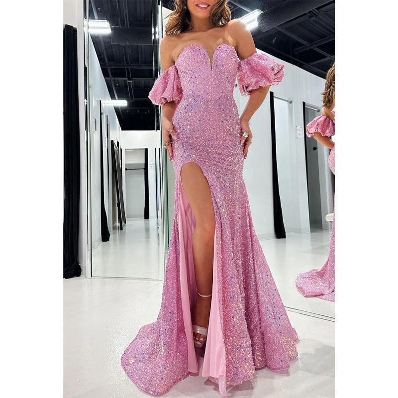 Robe de soirée à paillettes, épaules dénudées, manches bouffantes, perlée et fendue sur le côté 