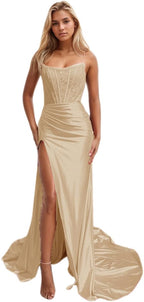 Vestido largo de fiesta de sirena con encaje satinado para mujer, corte sirena, con abertura, sin tirantes, estilo 2025. 