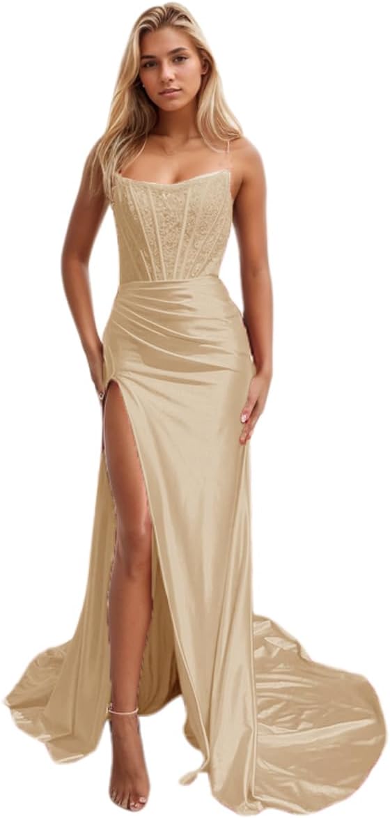 Vestido largo de fiesta de sirena con encaje satinado para mujer, corte sirena, con abertura, sin tirantes, estilo 2025. 