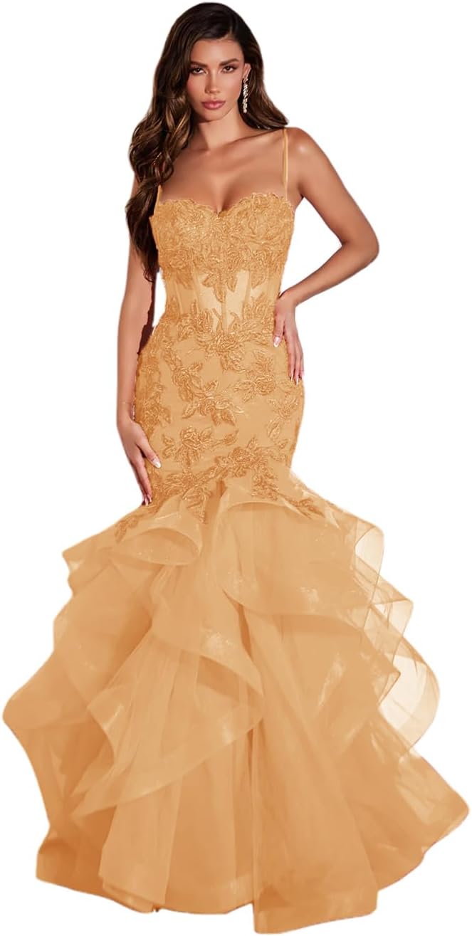 Vestido de fiesta largo de sirena con volantes brillantes, apliques de encaje y tul para mujer. 