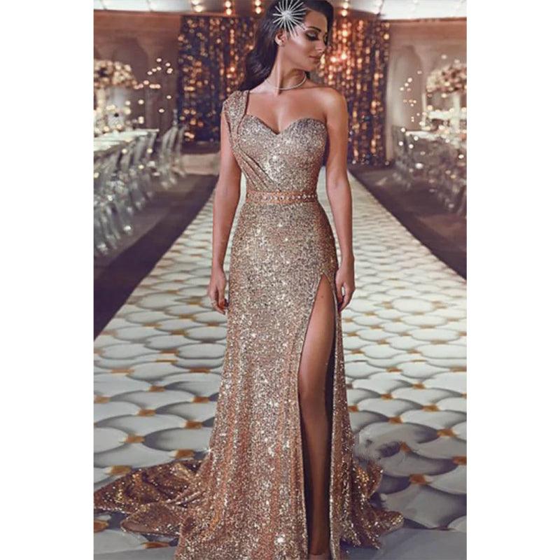 Vestido de fiesta de corte tubo/columna, un hombro, escote corazón, largo, vestidos de noche con abertura 