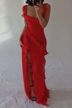 Robe maxi légère à volants et fente haute, ultra-sexy 