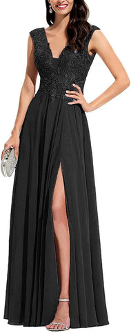 Vestido de dama de honor con apliques de gasa, escote largo en V, cuentas y abertura. 