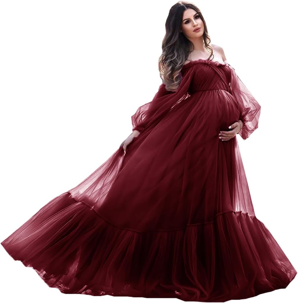 Vestido de maternidad con mangas abullonadas, bata de tul para sesión de fotos, vestido de embarazo con hombros descubiertos para baby shower 