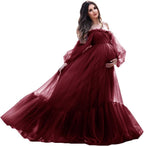 Vestido de maternidad con mangas abullonadas, bata de tul para sesión de fotos, vestido de embarazo con hombros descubiertos para baby shower 