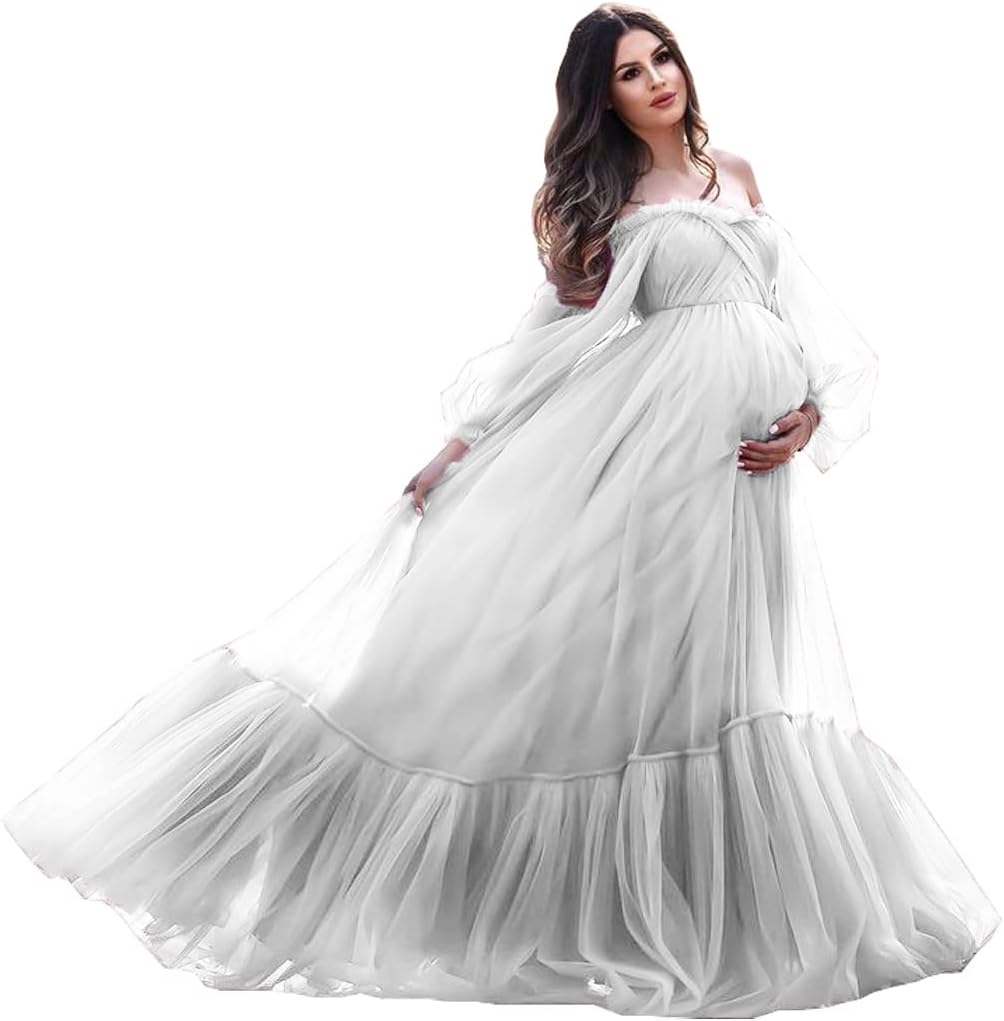 Vestido de maternidad con mangas abullonadas, bata de tul para sesión de fotos, vestido de embarazo con hombros descubiertos para baby shower 