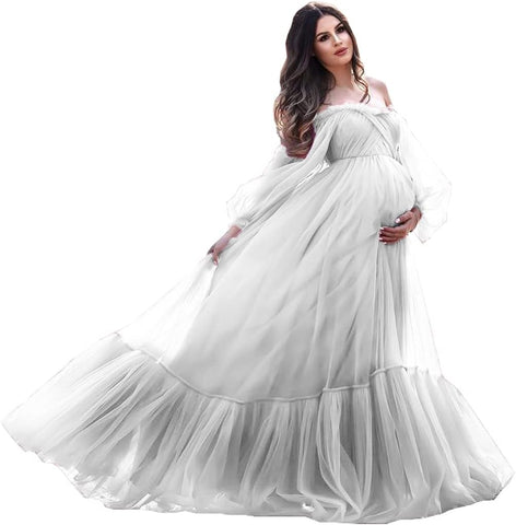 Puffy Sleeve Maternity Dress Tulle Robe for Photoshoot Off Shoulder Pregnancy Baby Shower Gown