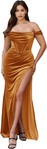 Robe de bal sirène fendue en velours pour femme, robe de demoiselle d'honneur longue à épaules dénudées, robe de soirée bustier 