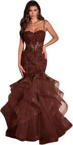 Vestido de fiesta largo de sirena con volantes brillantes, apliques de encaje y tul para mujer. 