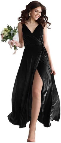 Robe de demoiselle d'honneur longue en velours à col en V et fente, idéale pour un bal de promo ou une soirée formelle. 