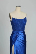 Vestido largo de fiesta de sirena con encaje satinado para mujer, corte sirena, con abertura, sin tirantes, estilo 2025. 