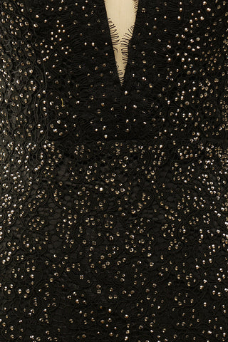 Robe de bal longue élégante en dentelle noire à paillettes et strass