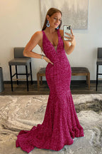 Robe de bal sirène violette à sequins et décolleté plongeant en V, dos nu