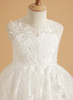 Vestido de niña de las flores de encaje y tul color marfil con diseño hasta el suelo y elegante lazo (2003227417) 