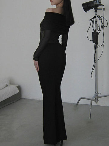 Vestidos largos de noche ajustados, plisados, transparentes, de color liso, con abertura en la entrepierna y hombros descubiertos. 