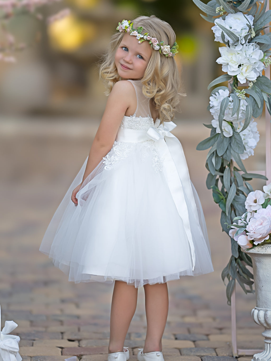 Vestido de niña de las flores para la Primera Comunión, de tul y encaje hasta la rodilla 