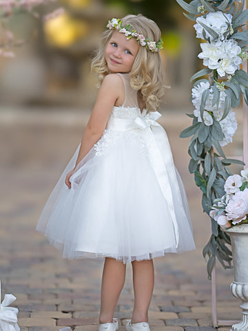 Vestido de niña de las flores para la Primera Comunión, de tul y encaje hasta la rodilla 