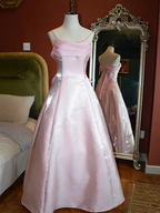 Robe de bal rose scintillante en satin à fines bretelles, coupe princesse, Y7555