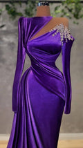 Elegante vestido de noche de terciopelo morado con mangas largas, vestido de noche de terciopelo morado con clase Y729