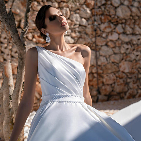 Elegant A-Line One Shoulder Stain Wedding Dress Beading Sleeveless Bridal Gowns For Women Custom Made Vestido De Novia