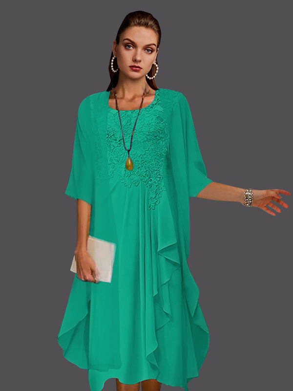 Vestidos de dos piezas de corte A, de gasa, encaje, sin mangas, con chaqueta, pliegues y apliques. 